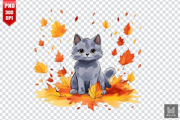 Cute Russian Blue Cat in Autumn Clipart